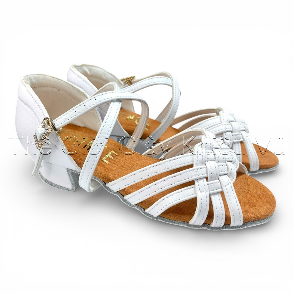 Giày Latin Bé Gái Khiêu Vũ Dancesport KDance 113 Quai Tết Gót Vuông (113K) - Trắng (Tặng Túi Đựng Gi