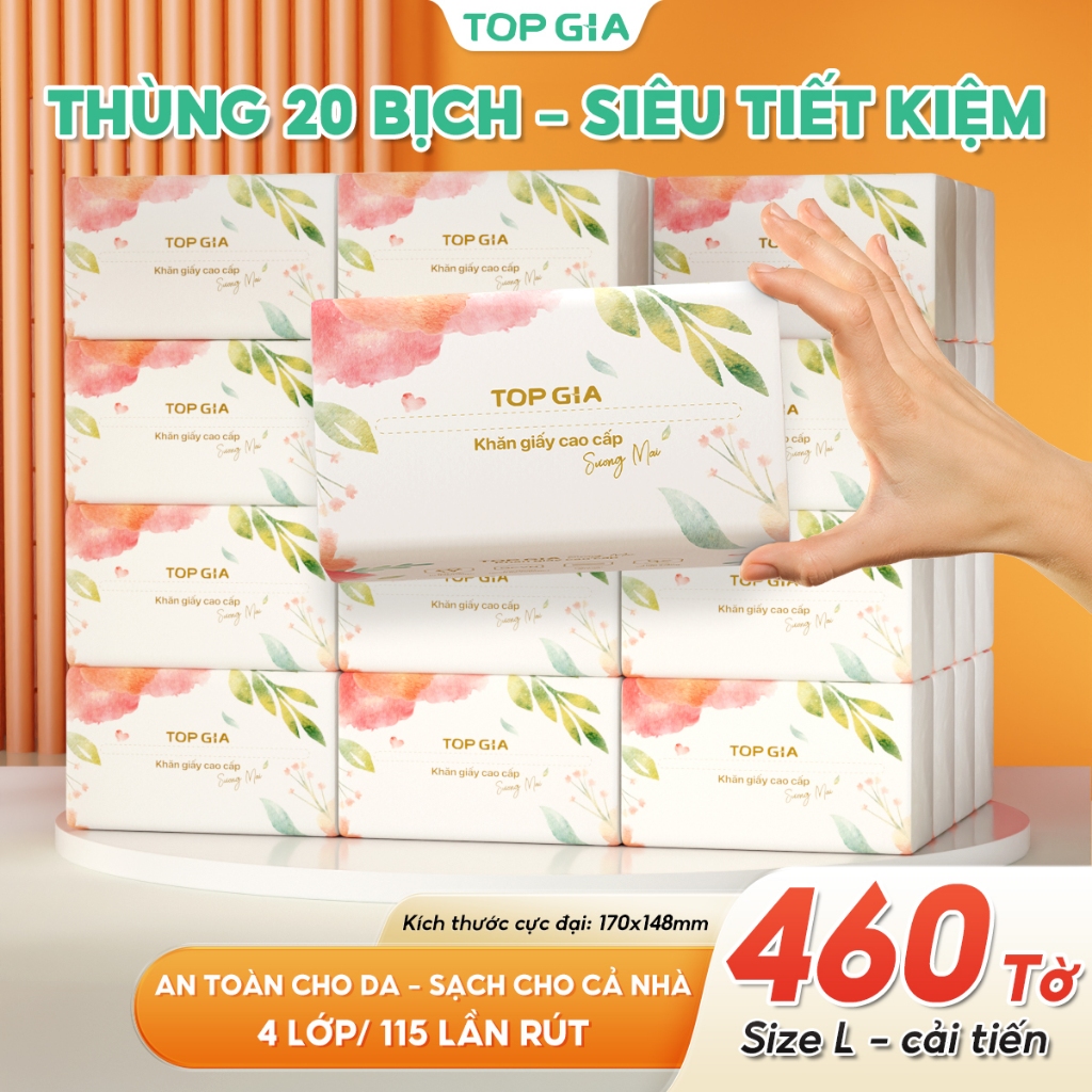 [PHIÊN BẢN LỚN] Thùng 20 bịch giấy ăn TopGia sương mai cao cấp 4 lớp dày dặn, mềm mịn, thấm hút tốt