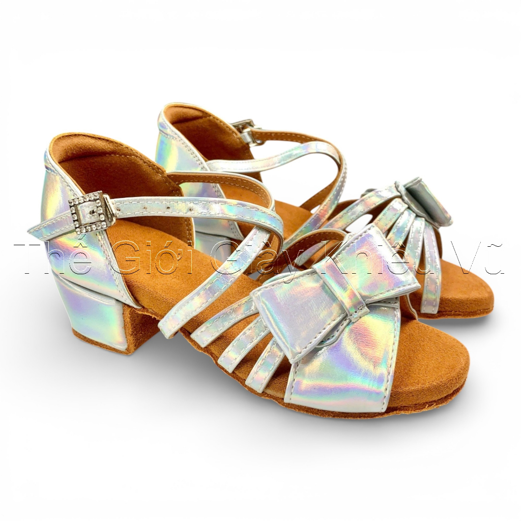 Giày Latin Bé Gái Khiêu Vũ Dancesport KDance 114 Gót Vuông (114K) - Trắng Ánh Trai