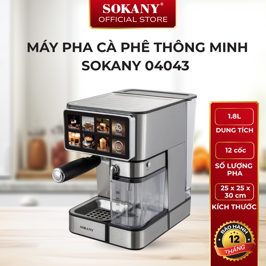 Máy pha cà phê thông minh Sokany Sk-04043 1.8L máy pha cà phê đa năng màn hình cảm ứng kèm vòi đánh sữa