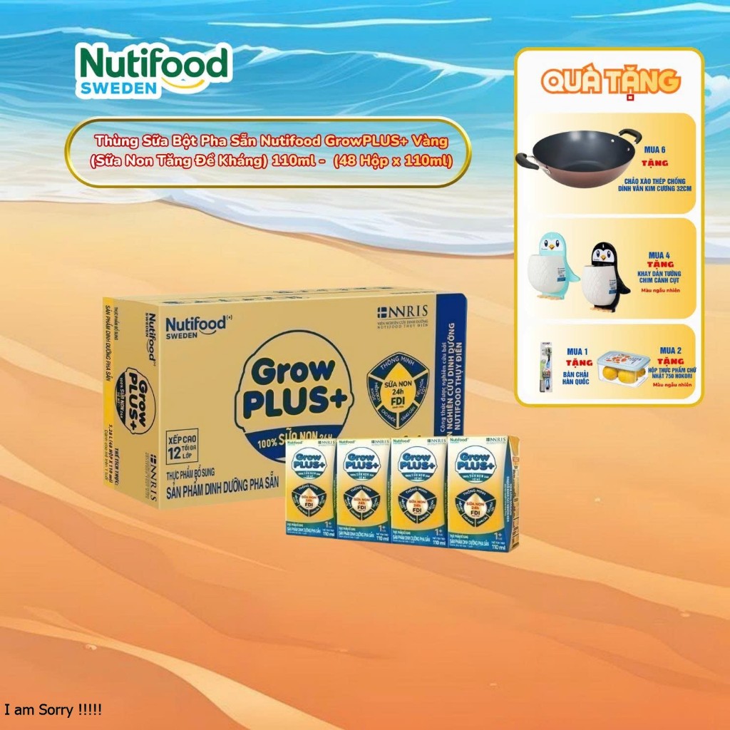 [Chính Hãng] Thùng Sữa Bột Pha Sẵn Nutifood GrowPLUS+ Vàng (Sữa Non Tăng Đề Kháng) 110ml -  (48 Hộp 