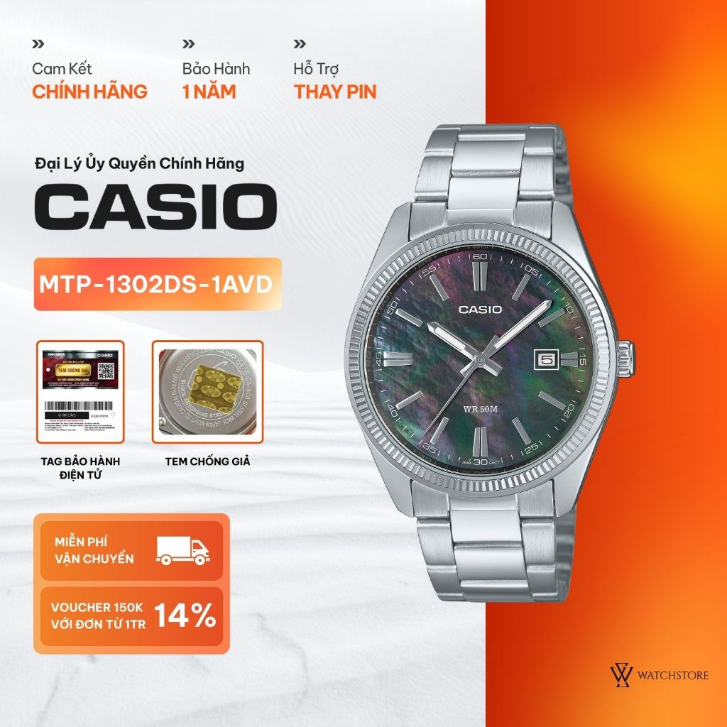 Đồng Hồ Nam Casio MTP-1302DS-1AVDF Mặt Kính Khoáng 38.5mm Xà Cừ Đen Dạ Quang Chống Nước Dây Kim Loại