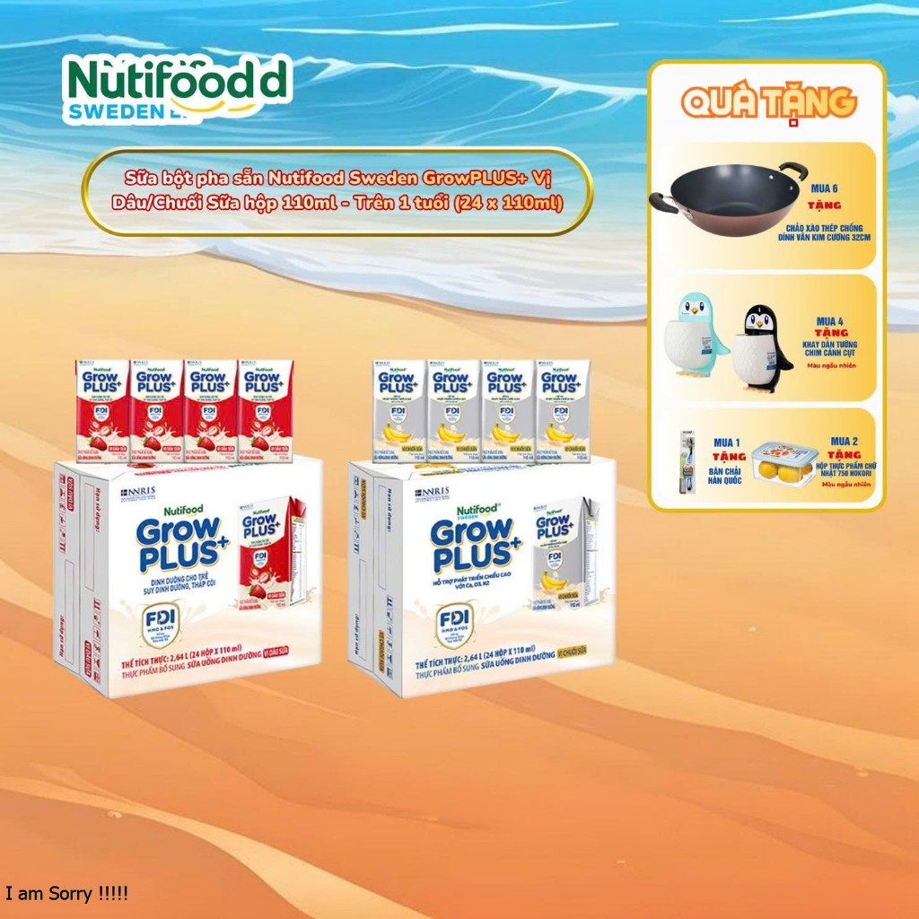 Thùng 24 hộp Sữa bột pha sẵn Nutifood GrowPLUS+ Vị Trái Cây Dâu Chuối hộp 110ml - Trên 1 tuổi (24 hộ