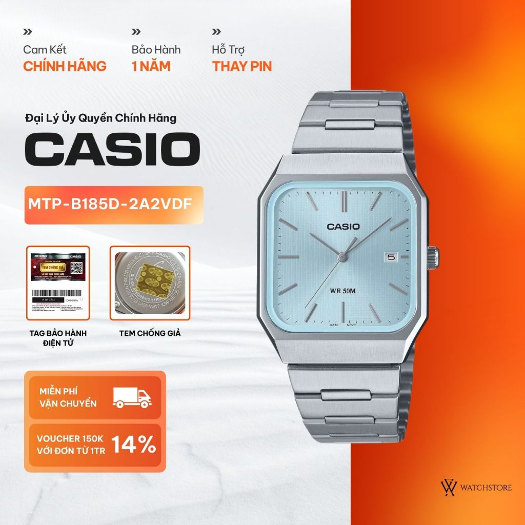 Đồng Hồ Nam Casio MTP-B185D-2A2VDF Màu Xanh Dây Kim Loại Không Gỉ Mặt Kính Khoáng 40x32.5mm Kháng Nư