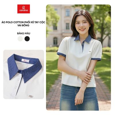 Áo polo nữ CARDINA chất cotton phối cổ kẻ tay cộc vai bồng 6APC02