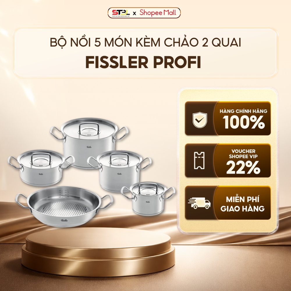 Bộ nồi Fissler Profi 5 món nắp thép kèm chảo hai quai, chất liệu inox 18/10, hàng Made in Germany SN