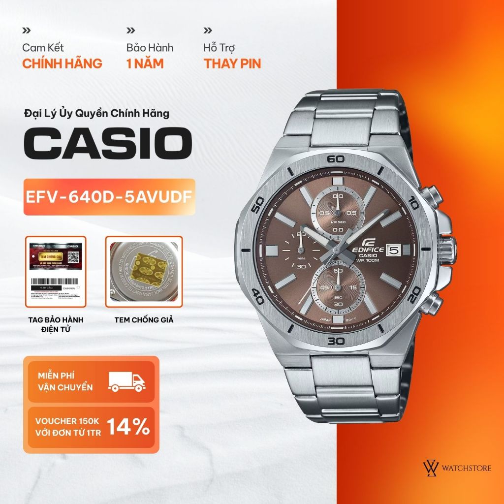 Đồng Hồ Nam Casio EFV-640D-5AVUDF 6 Kim Màu Nâu Mặt Kính Khoáng 44.3mm Chống Nước Dây Đeo Kim Loại K