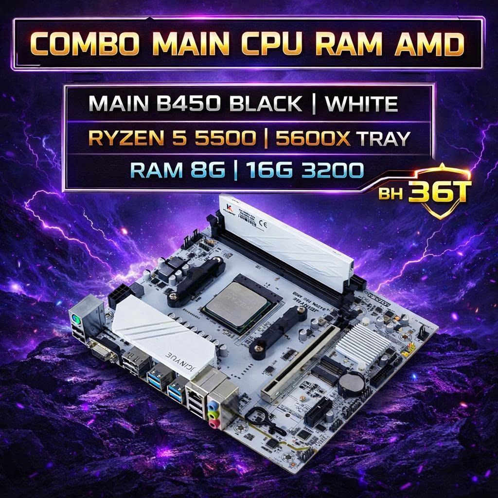 Combo AMD AM4 Ryzen 5 B450 Jginyue + 5500 5600x tray + Ram 8Gb 16GB 3200 Black/ White