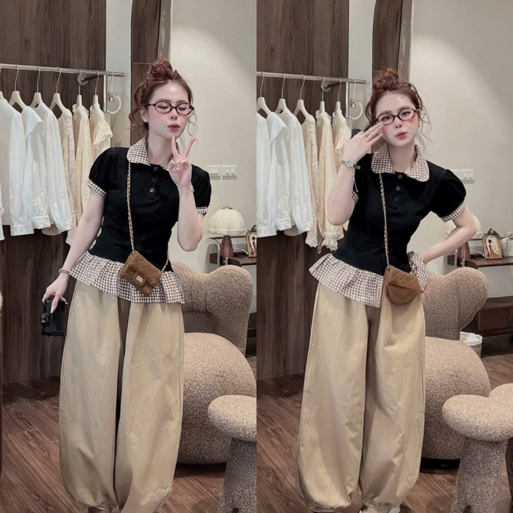 (Set Đồ Nữ Đi Chơi): Set Áo Ngắn Tay Phối Kẻ Tinh Tế Mix Quần Kaki Chân Ren Năng Động TRẻ Trung-Ảnh 