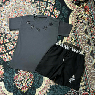 Bộ cộc đen áo xám chì ngôi sao thêu da + sooc gió Docl chất thun lạnh dành cho nam nữ from unisex