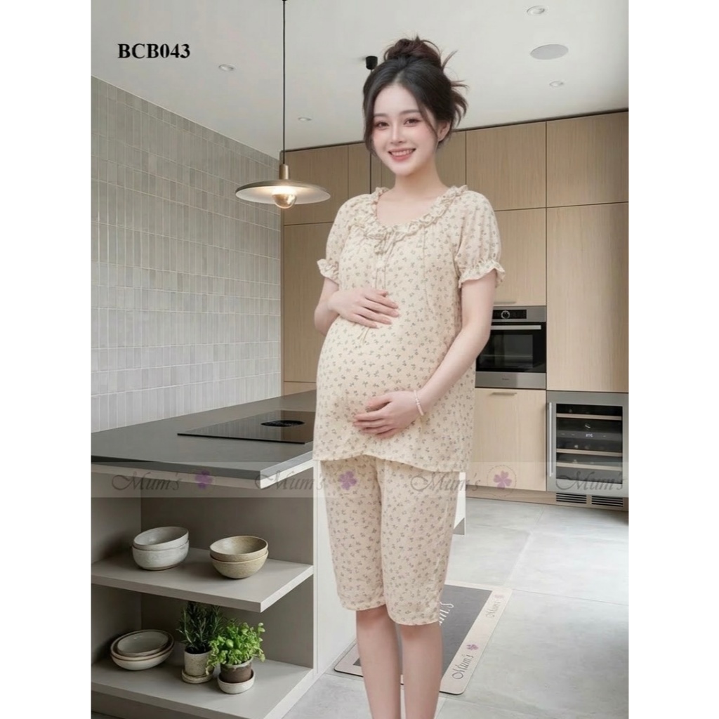 Đồ bộ bầu và sau sinh Mum's Shop BCB043 bộ bầu đũi be hoa nhí có khóa ngực sau sinh