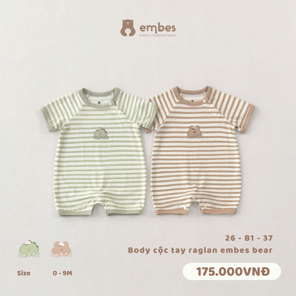 Body Cộc Sơ Sinh Embes, Body Cộc Tay Kẻ Ngang Thêu Họa Tiết Chất Mềm Mát Cho Bé Sơ Sinh Từ 0-9 Tháng