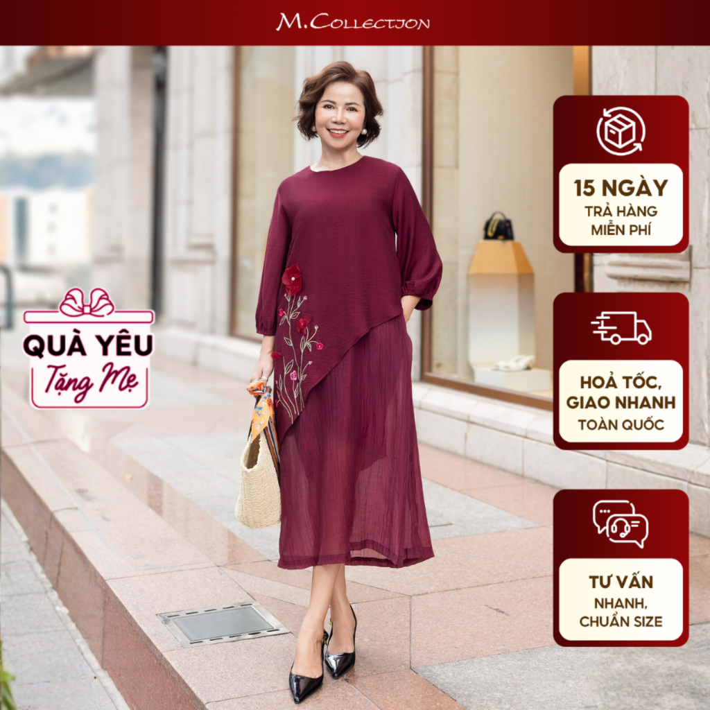 M COLLECTION | Váy Đầm Nữ Trung Niên Tặng Mẹ Suông Vải Tơ Xốp 2 Tà Tay Lỡ Thêu Hoa Đi Tiệc D12311