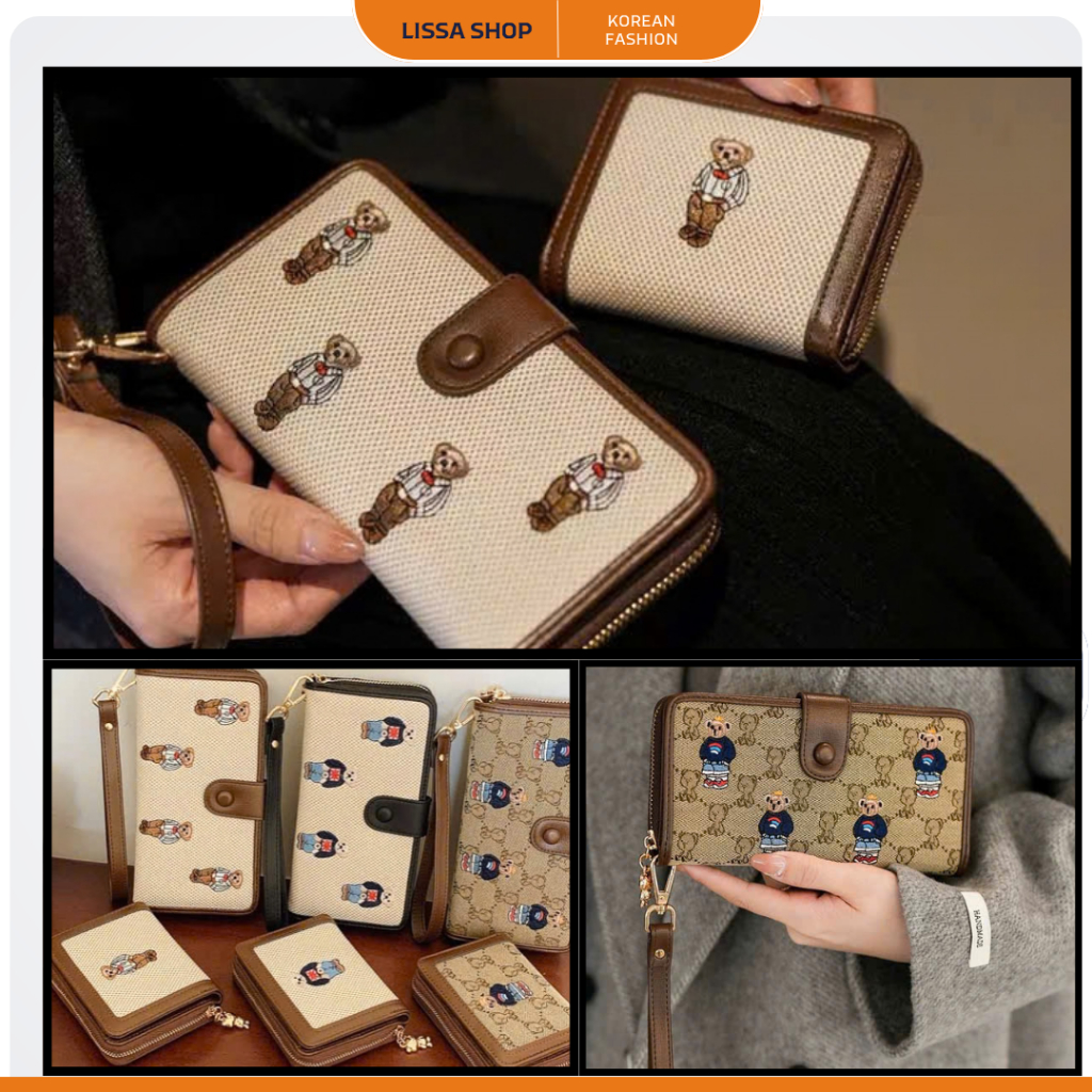 [Chính hãng] Ví cầm tay mini Gấu họa tiết thêu chất liệu cao cấp dành cho nữ