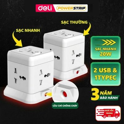 [TRỢ GIÁ] Ổ Cắm Điện Vuông DELI Sạc Nhanh TypeC PD20W Công Suất 2500W Nút Bảo Vệ Quá Áp Tự Động Ngắt Điện