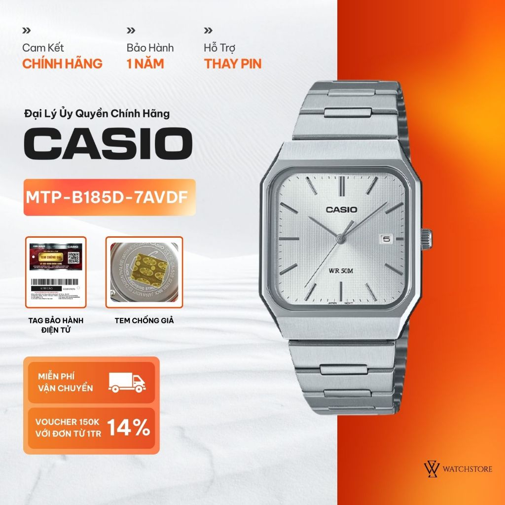 Đồng Hồ Nam Casio MTP-B185D-7AVDF Màu Trắng Dây Kim Loại Không Gỉ Mặt Kính Khoáng 40x32.5mm Kháng Nư