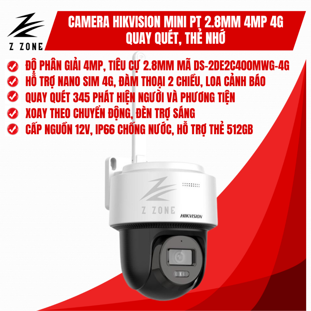Camera HIKVISION 4G 4MP IP Quay Quét Ngoài Trời DS-2DE2C400MWG-4G - Kết Nối 4G, Hình Ảnh Sắc Nét