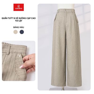 Quần dài nữ CARDINA chất tuýt si kẻ dáng suông cạp cao túi lật chun sau 6QDT05