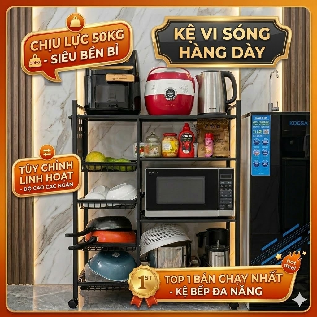 Kệ lò vi sóng HÀNG DÀY CAO CẤP để nồi để đồ nhà bếp đa năng chất lượng Thép Cacbon sơn tĩnh điện có bánh xe đẩy tiện lợi