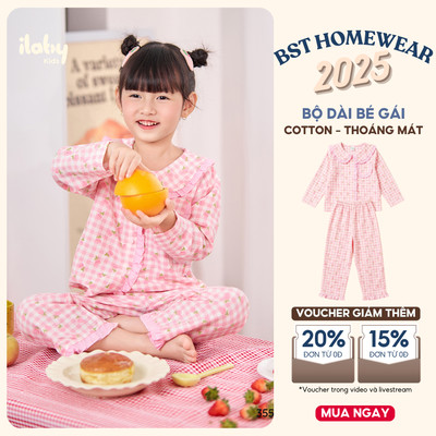 [BÁN CHẠY] Bộ ngủ bé gái ILABY đồ bộ dài tay cotton thoáng mát kẻ hoa phối bèo size từ 9-40kg [3553]