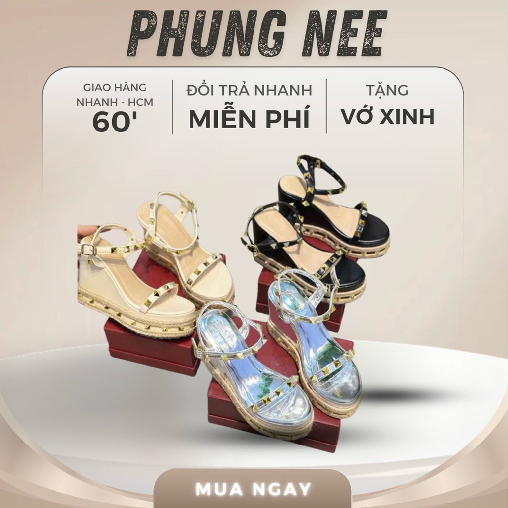 Sandal Nữ Đế Xuồng Cao 11cm Quai Đinh Cá Tính – Sandal Nữ Quai Cổ Chân Tôn Dáng Đi Tiệc Đi Chơi