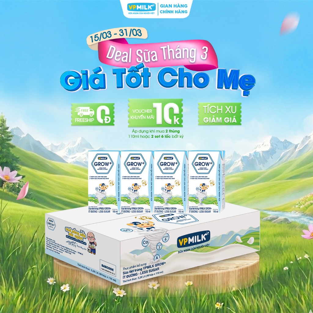[Thùng 48 Hộp 110ml] Sữa Tiệt Trùng VPMilk Grow+ Ít Đường Cho Bé Từ 2 Tuổi