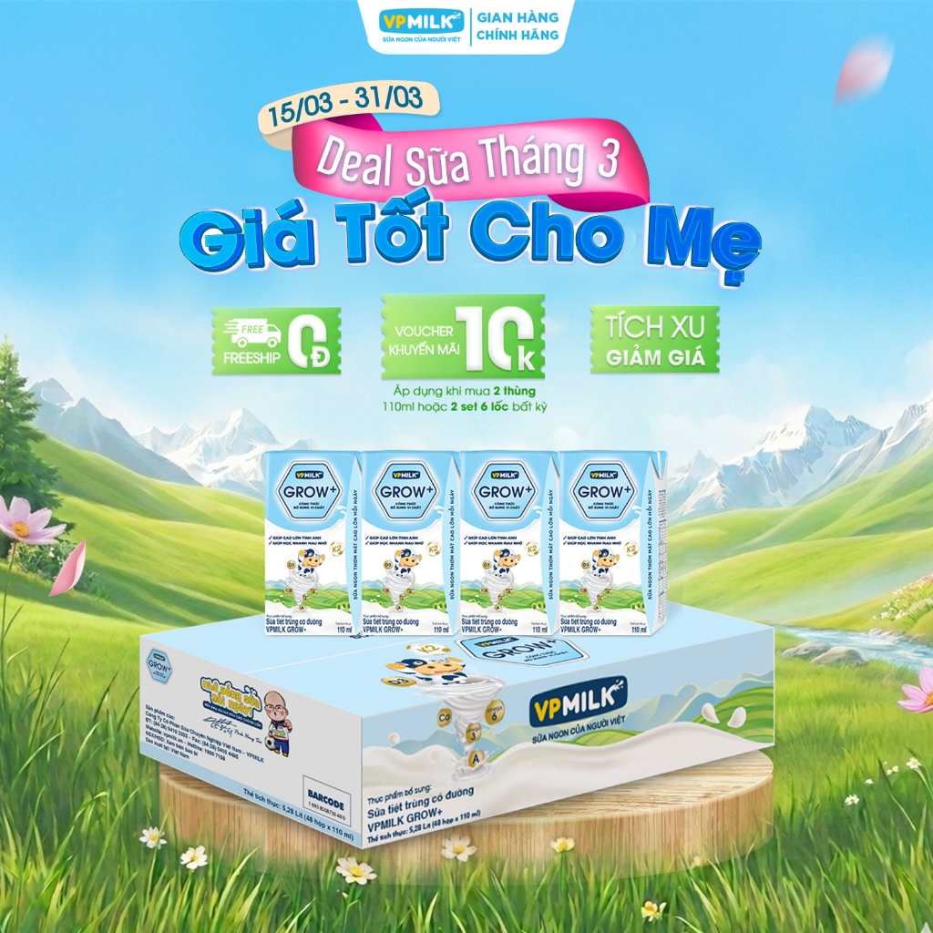 Sữa tiệt trùng VPMilk Grow+ hộp 110ml (thùng 48 hộp)