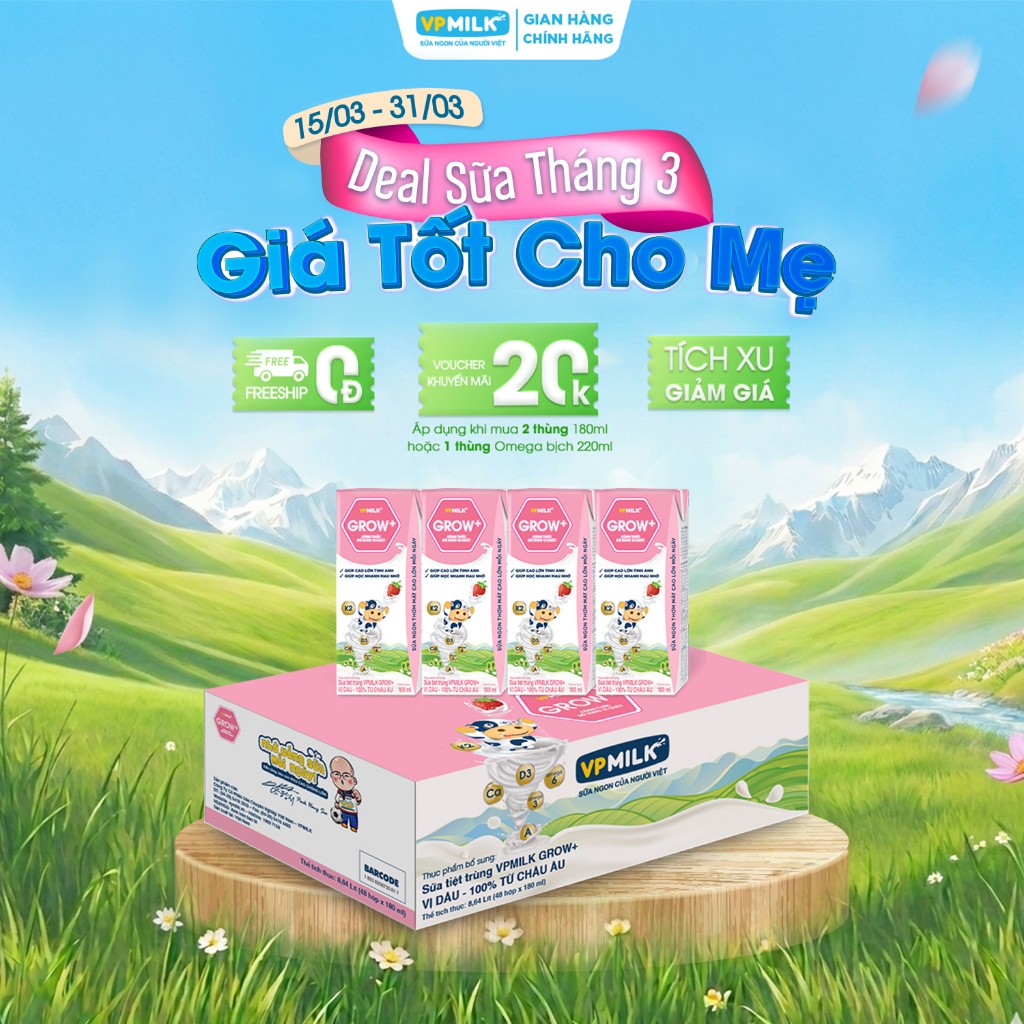 Sữa tiệt trùng VPMilk Grow+ vị dâu 180ml (thùng 48 hộp)