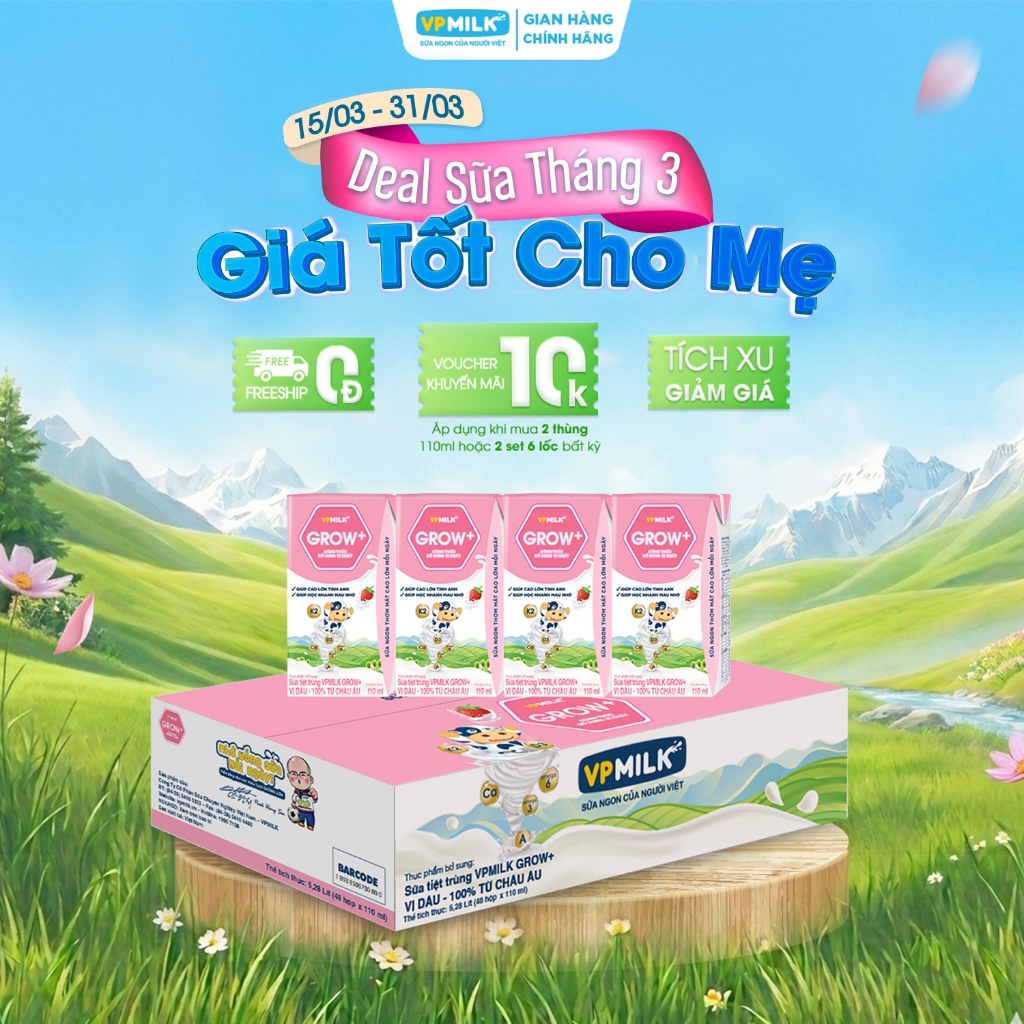 [Thùng 48 Hộp 110ml] Sữa Tiệt Trùng VPMilk Grow+ Vị Dâu Cho Bé Từ 1 Tuổi