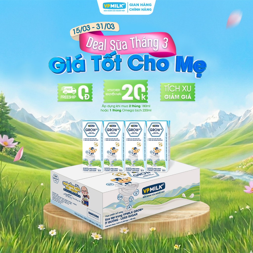 Sữa Tiệt Trùng VPMilk Grow+ Ít Đường hộp 180ml (thùng 48 hộp)