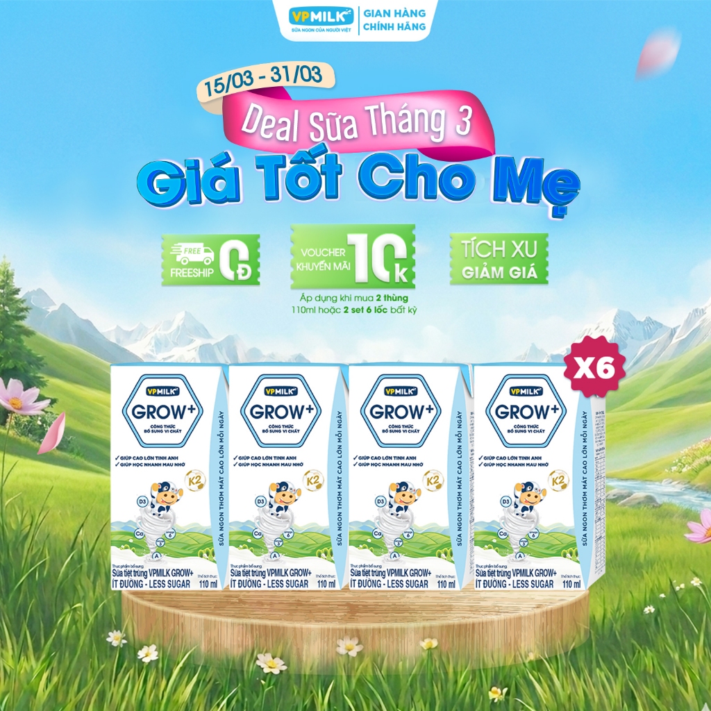 [6 Lốc 110ml] Sữa Tiệt Trùng VPMilk Grow+ Ít Đường