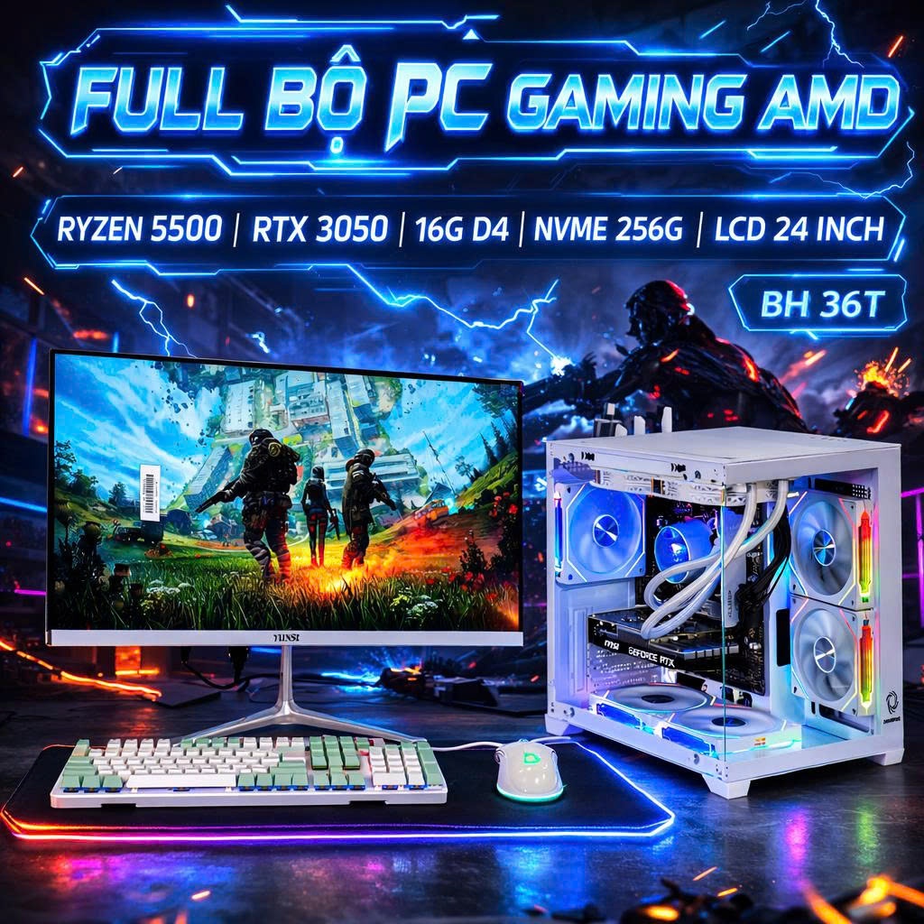 Full bộ PC GAMING AMD Ryzen 5 5500 | VGA 3050 6G | RAM 16G | SSD NVME 256G | Màn 24 inch chiến game