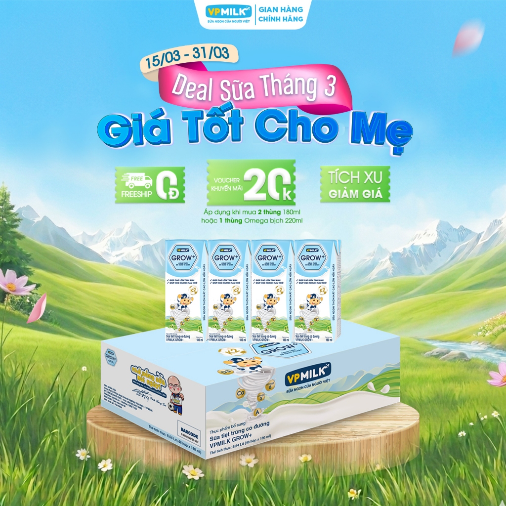 Sữa tiệt trùng VPMilk Grow+ hộp 180ml (thùng 48 hộp)