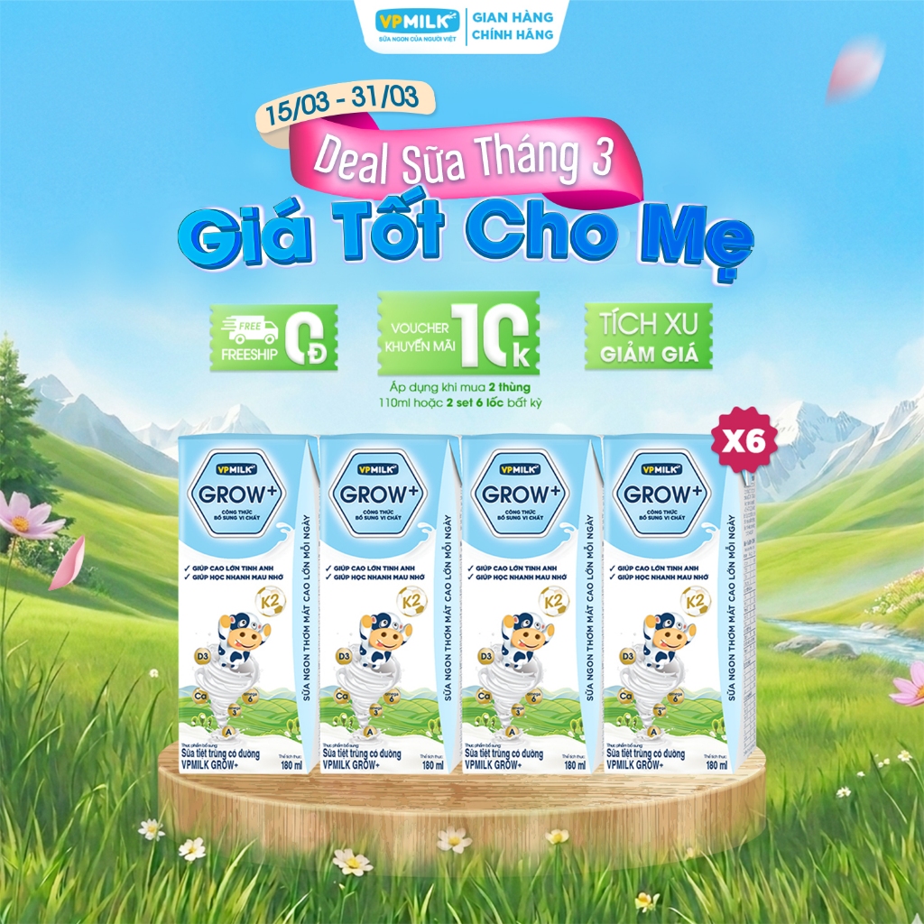 [6 Lốc 180ml] Sữa Tiệt Trùng VPMilk Grow+ Có Đường