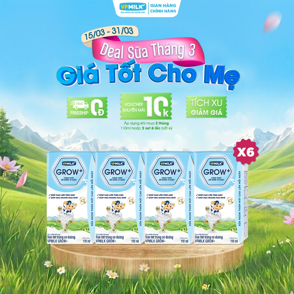 [6 Lốc 110ml] Sữa Tiệt Trùng VPMilk Grow+ Có Đường