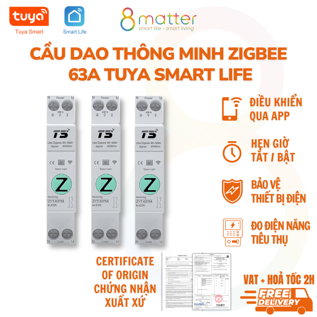 Cầu giao CB thông minh ZIGBEE, Aptomat Tuya Smart Life - 63A - Điều khiển điện qua điện thoại