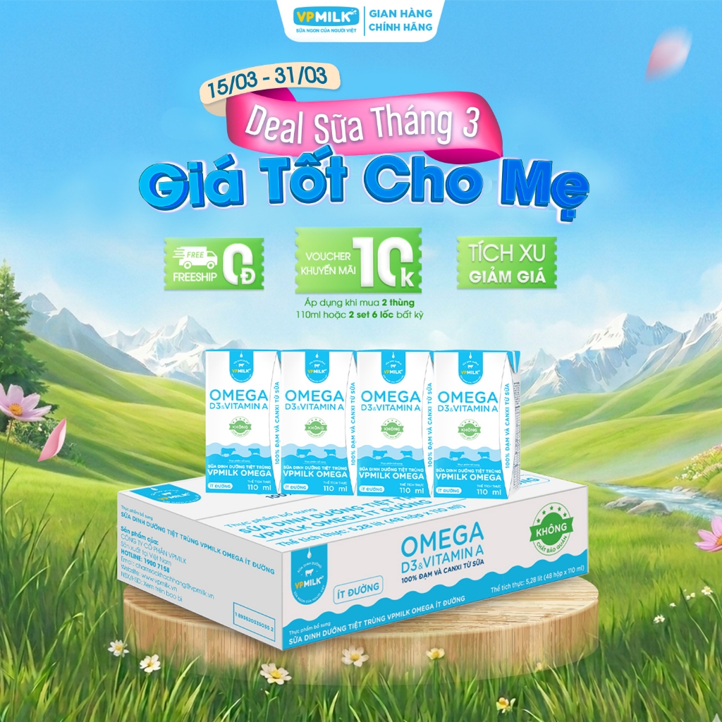 Sữa Dinh Dưỡng Tiệt Trùng VPMilk Omega Ít Đường dạng hộp 110ml (thùng 48 hộp)