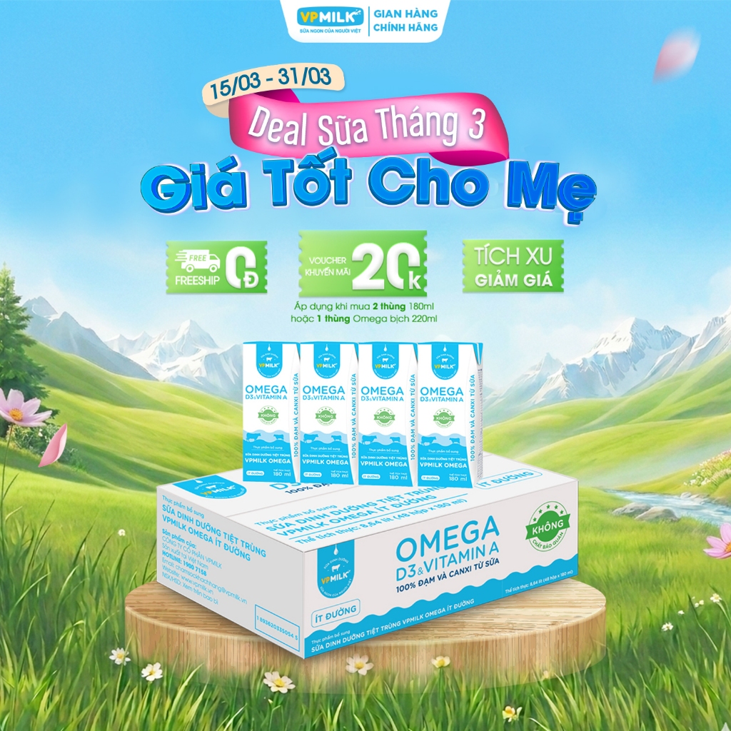Sữa Dinh Dưỡng Tiệt Trùng VPMilk Omega Ít Đường dạng hộp 180ml (thùng 48 hộp)