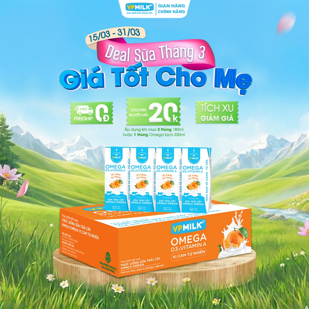 Sữa trái cây VPMILK Omega vị CAM tự nhiên hộp 180ml (Thùng 48 hộp)