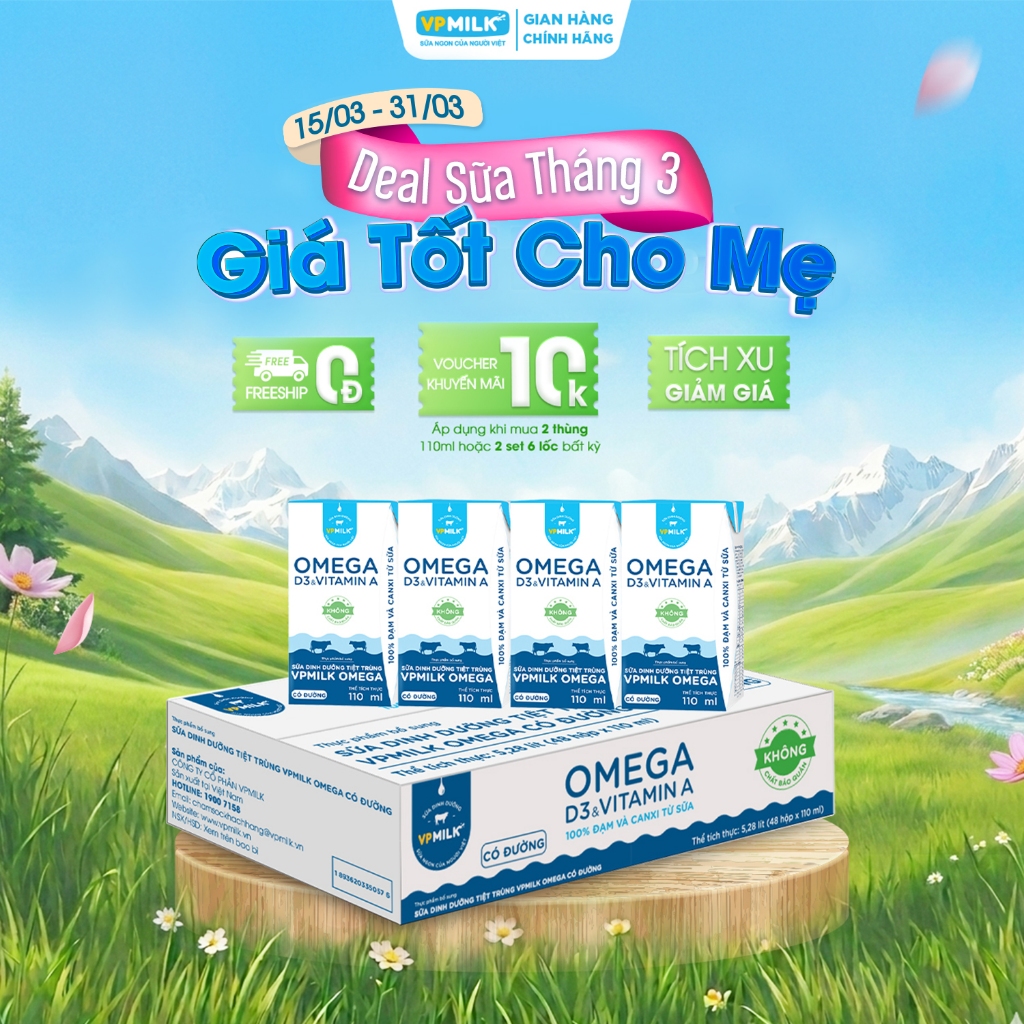Sữa Dinh Dưỡng Tiệt Trùng VPMilk Omega Có Đường dạng HỘP 110ml (thùng 48 hộp)