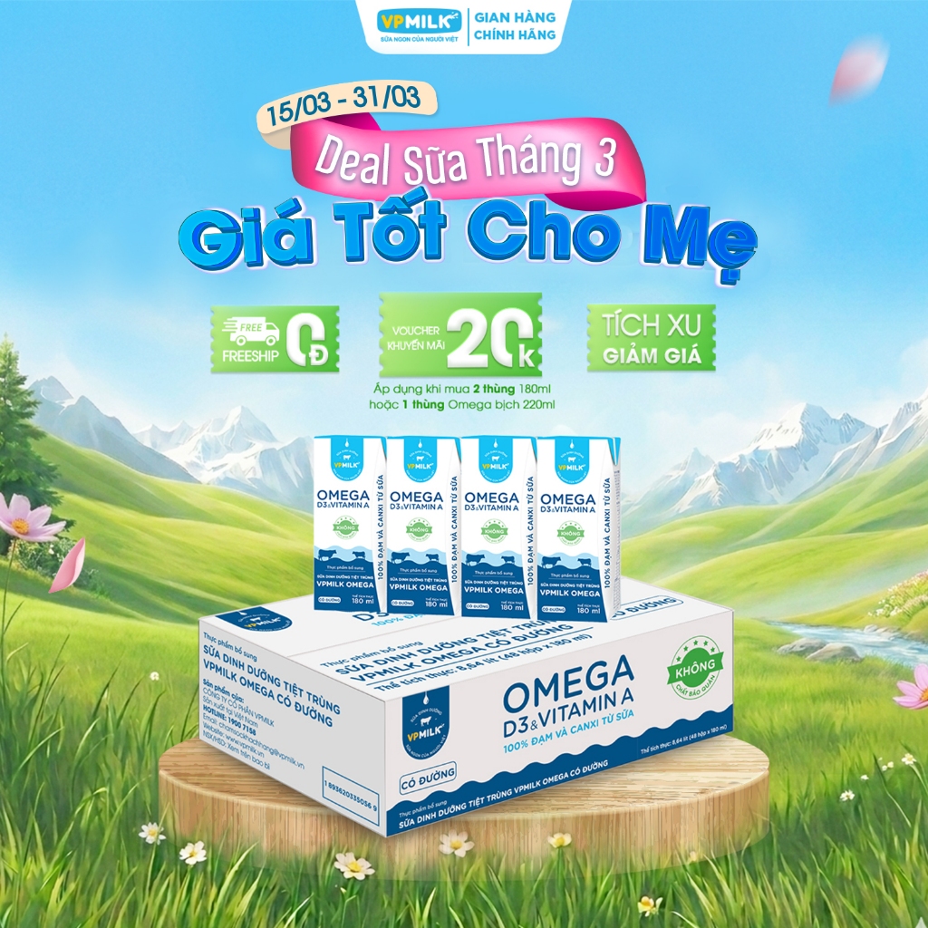 Sữa Dinh Dưỡng Tiệt Trùng VPMilk Omega Có Đường dạng hộp 180ml (thùng 48 hộp)