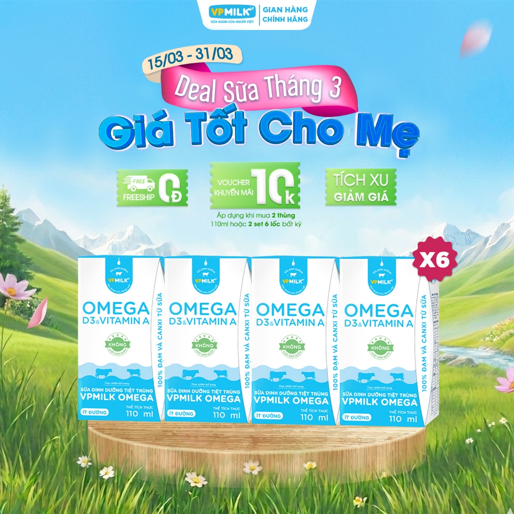 [6 Lốc 110ml] Sữa Dinh Dưỡng Tiệt Trùng VPMilk Omega ÍT ĐƯỜNG dạng HỘP ( 4 hộp x 6)