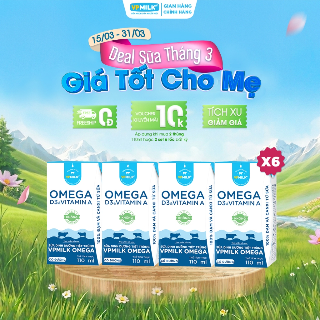[6 Lốc 110ml] Sữa Dinh Dưỡng Tiệt Trùng VPMilk Omega CÓ ĐƯỜNG dạng HỘP ( 4 hộp x 6)