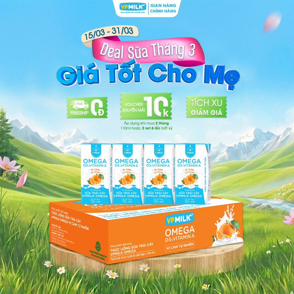 Sữa trái cây VPMILK Omega vị CAM tự nhiên hộp 110ml (Thùng 48 hộp)