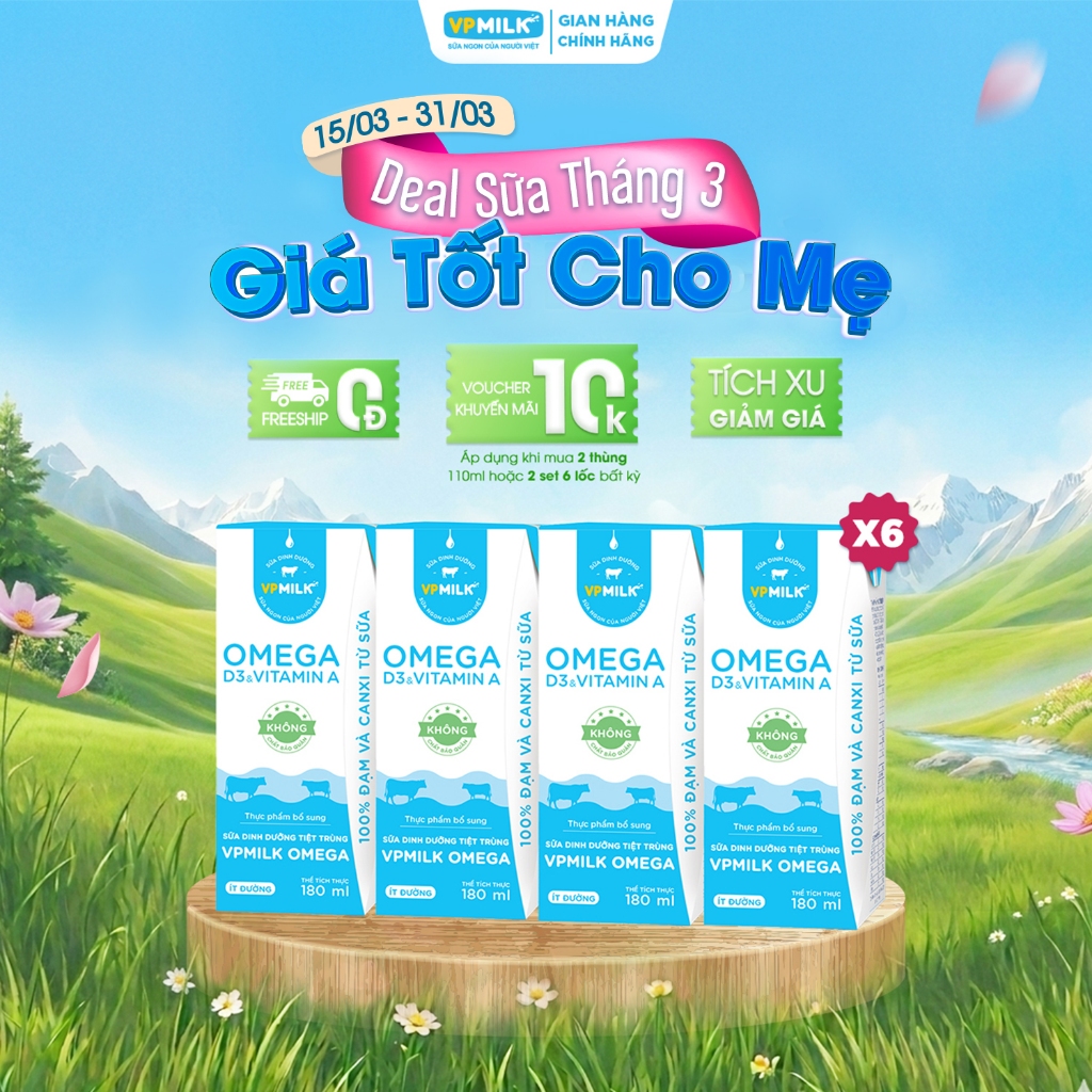 [Combo 6 lốc]Sữa Dinh Dưỡng Tiệt Trùng VPMilk Omega ÍT ĐƯỜNG dạng HỘP 180ml (4 hộp x 6)