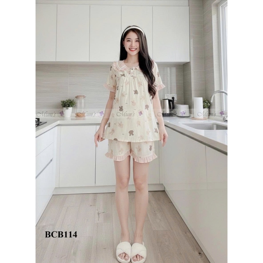 Đồ bộ mặc bầu và sau sinh Mum's Shop BCB114 bộ mặc nhà chất đũi thỏ nâu dễ thương cho mẹ bầu