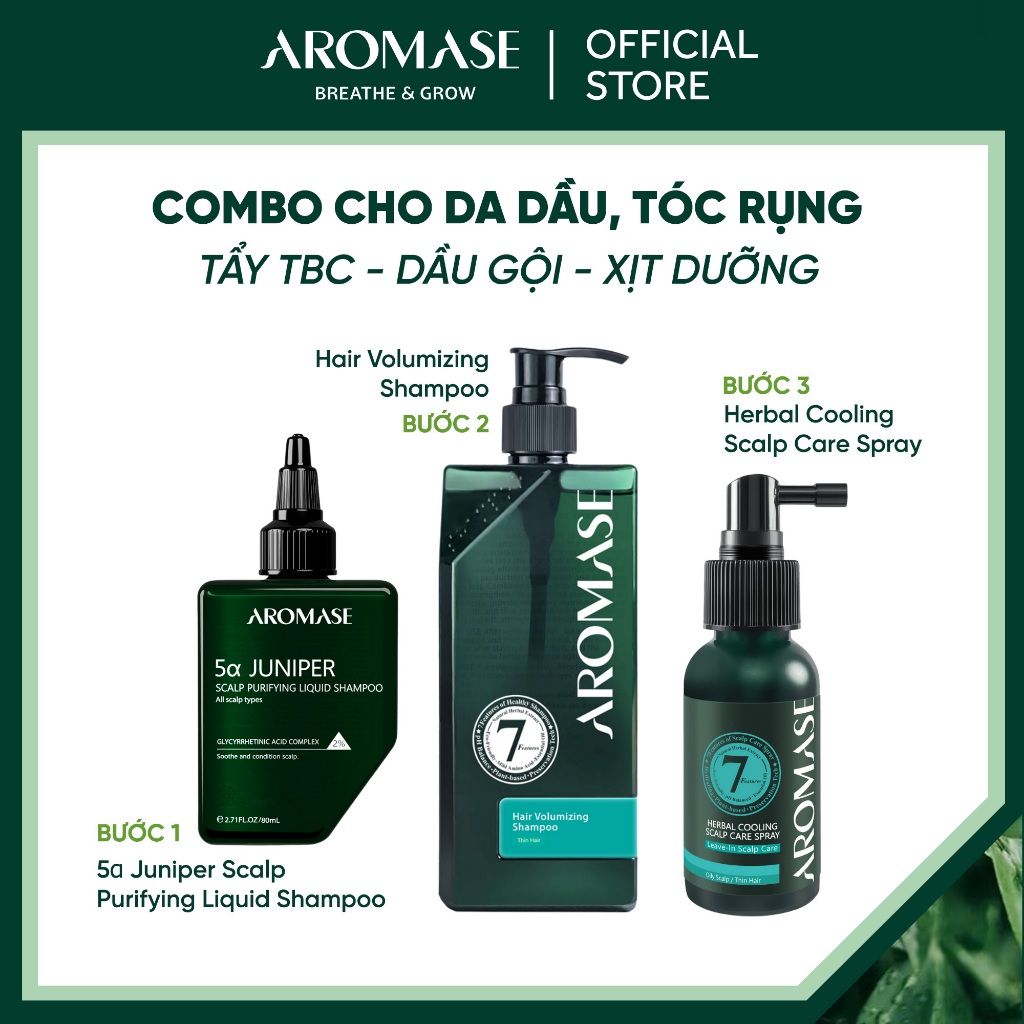 Combo 3 bước dành cho tóc rụng, da đầu dầu AROMASE Tẩy tế bào chết - Dầu gội - Xịt dưỡng thảo dược