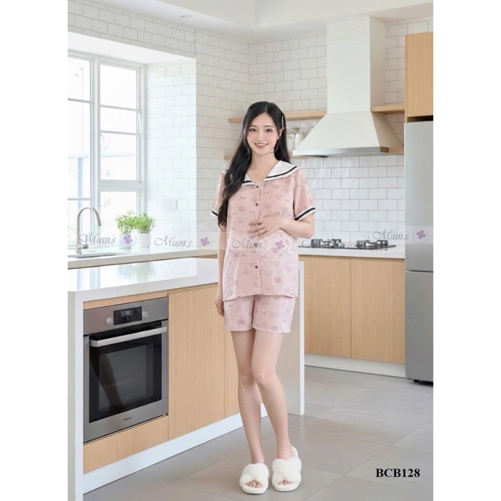 Đồ bộ mặc bầu và sau sinh Mum's Shop BCB128 bộ mặc nhà chất đũi tim hồng thủy thủ trẻ trung