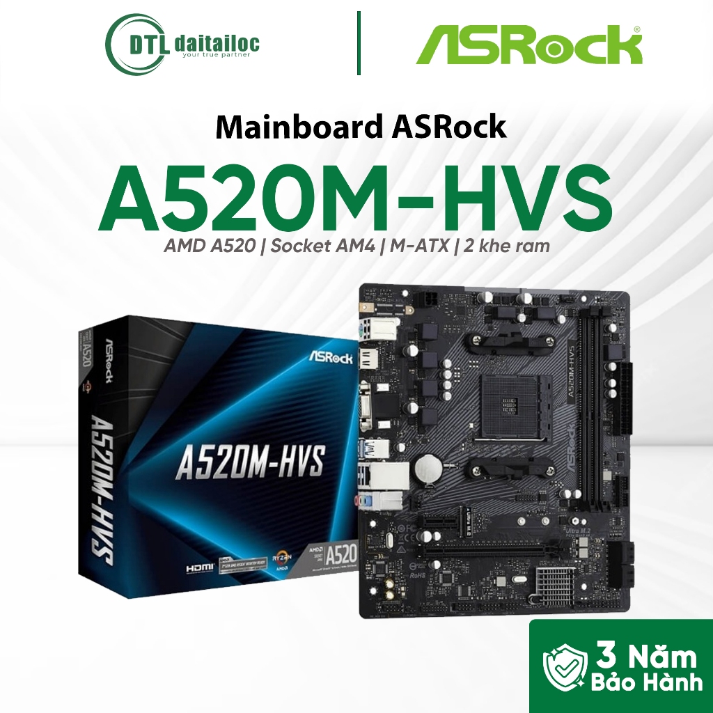 Mainboard Asrock A520M-HVS DDR4 M-ATX | Chính Hãng | Bảo Hành 36 Tháng