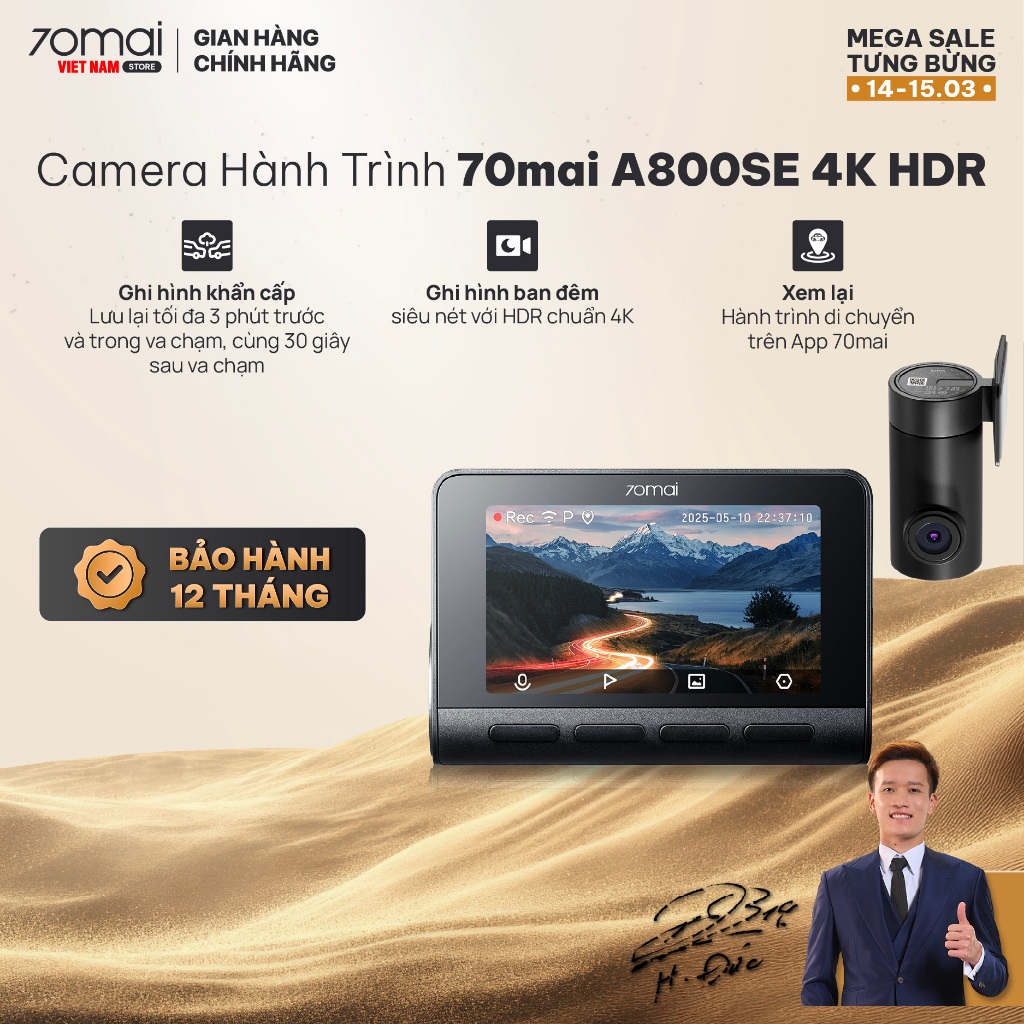 Camera hành trình 70mai A800SE độ phân giải 4K, cam trước sau, Chế độ HDR, Phiên Bản Quốc Tế